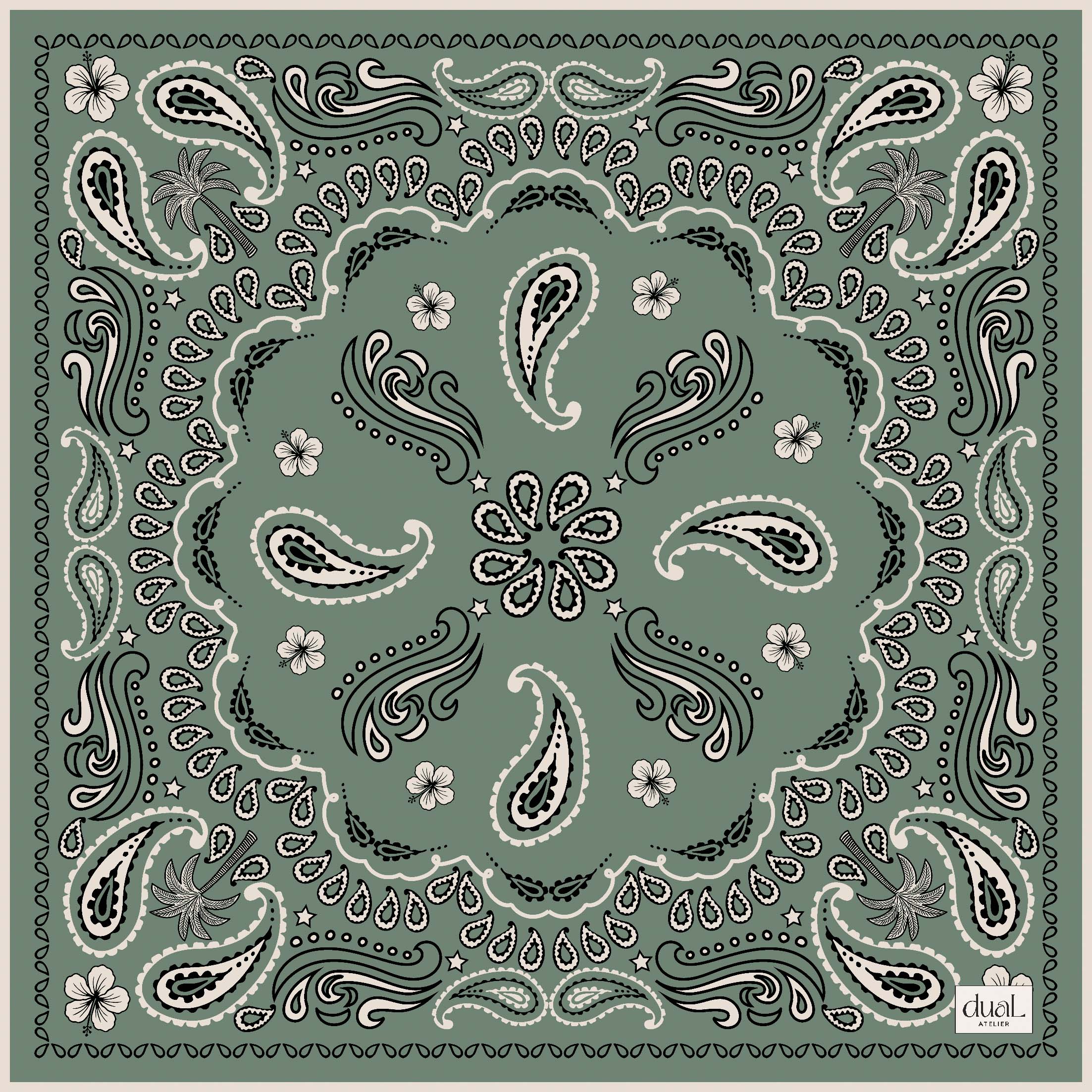 Dual Atelier Costa Paisley Yeşil Bandana Desenli İpeksi Organik Pamuk Kumaş Bandana Fular
