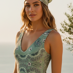 Dual Atelier Costa Paisley Yeşil Bandana Desenli İpeksi Organik Pamuk Kumaş Bandana Fular