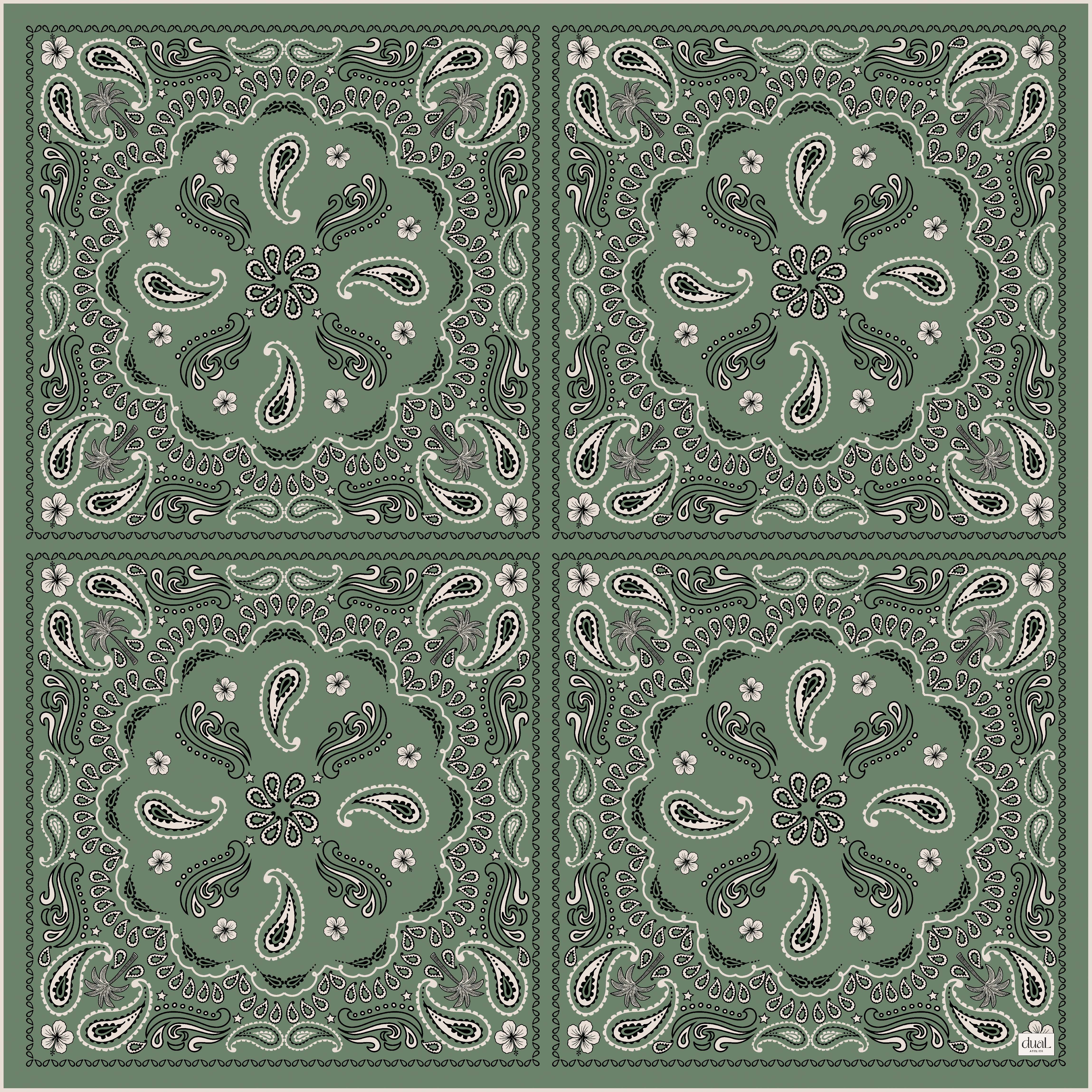 Dual Atelier Costa Paisley Yeşil Bandana Desenli İpeksi Organik Pamuk Kumaş Kare Pareo Şal