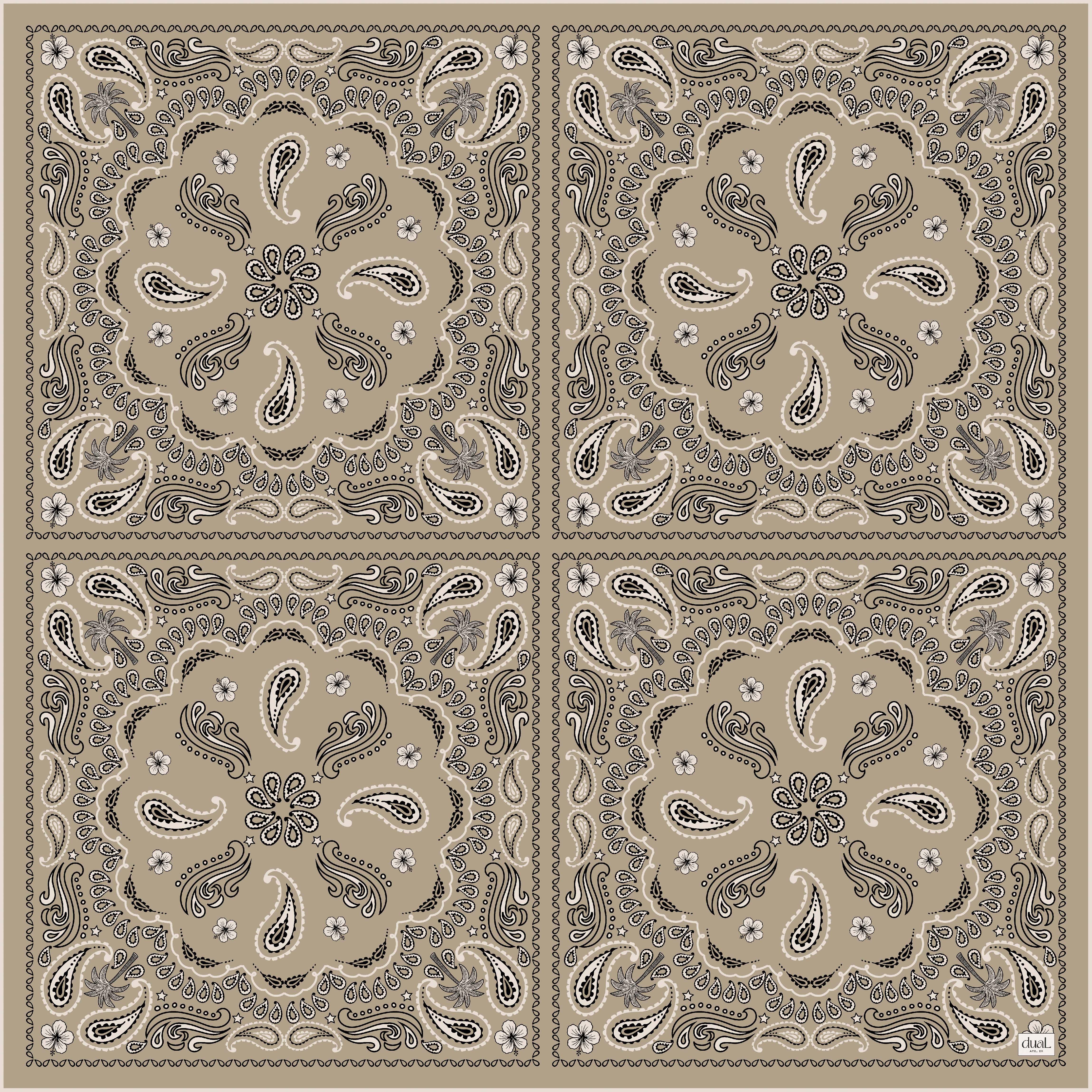 Dual Atelier Costa Paisley Bej Bandana Desenli İpeksi Organik Pamuk Kumaş Kare Pareo Şal