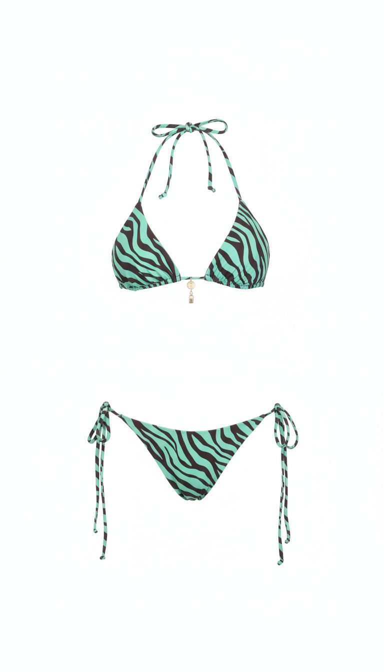 Dual Atelier Mint Safari Yeşil Kahve Zebra Desenli Bağcıklı Üçgen Bikini Takımı 