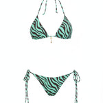 Dual Atelier Mint Safari Yeşil Kahve Zebra Desenli Bağcıklı Üçgen Bikini Takımı 