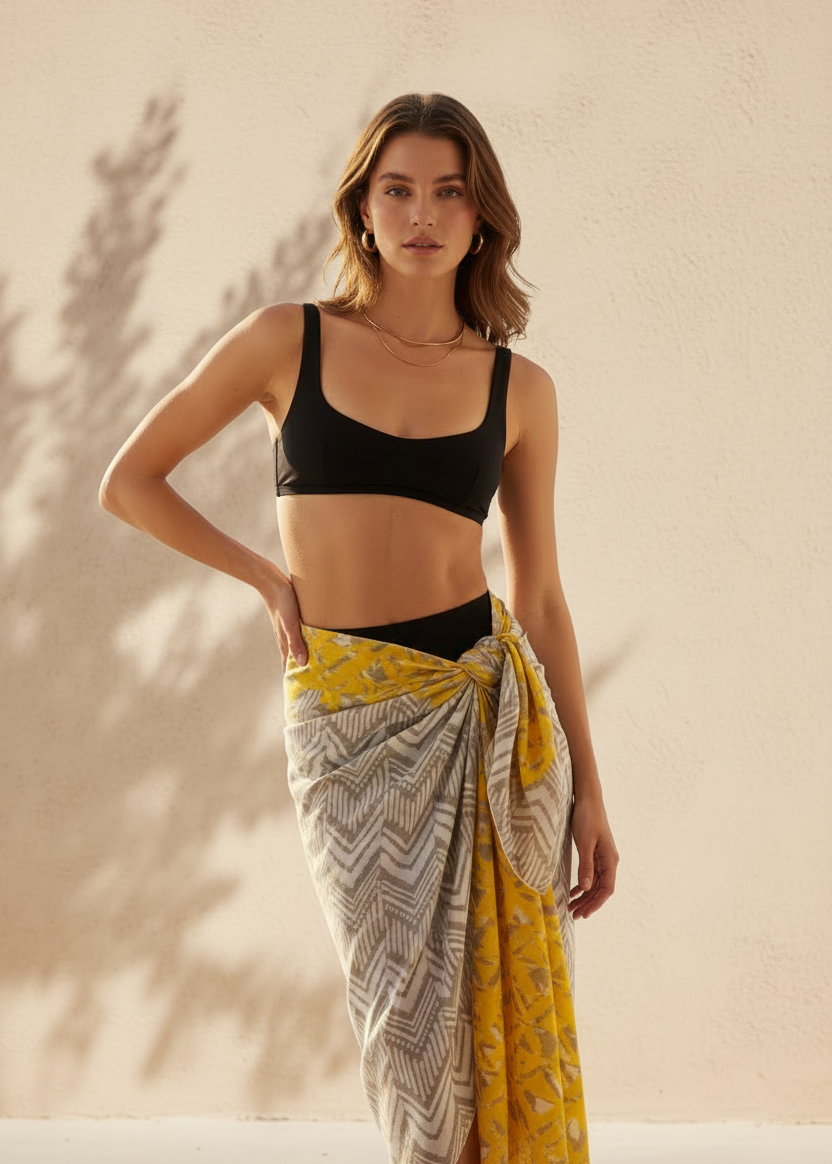 Dual Atelier Rise Beam Sarı Gri Desenli İpeksi Organik Pamuk Kumaş Kare Pareo Şal