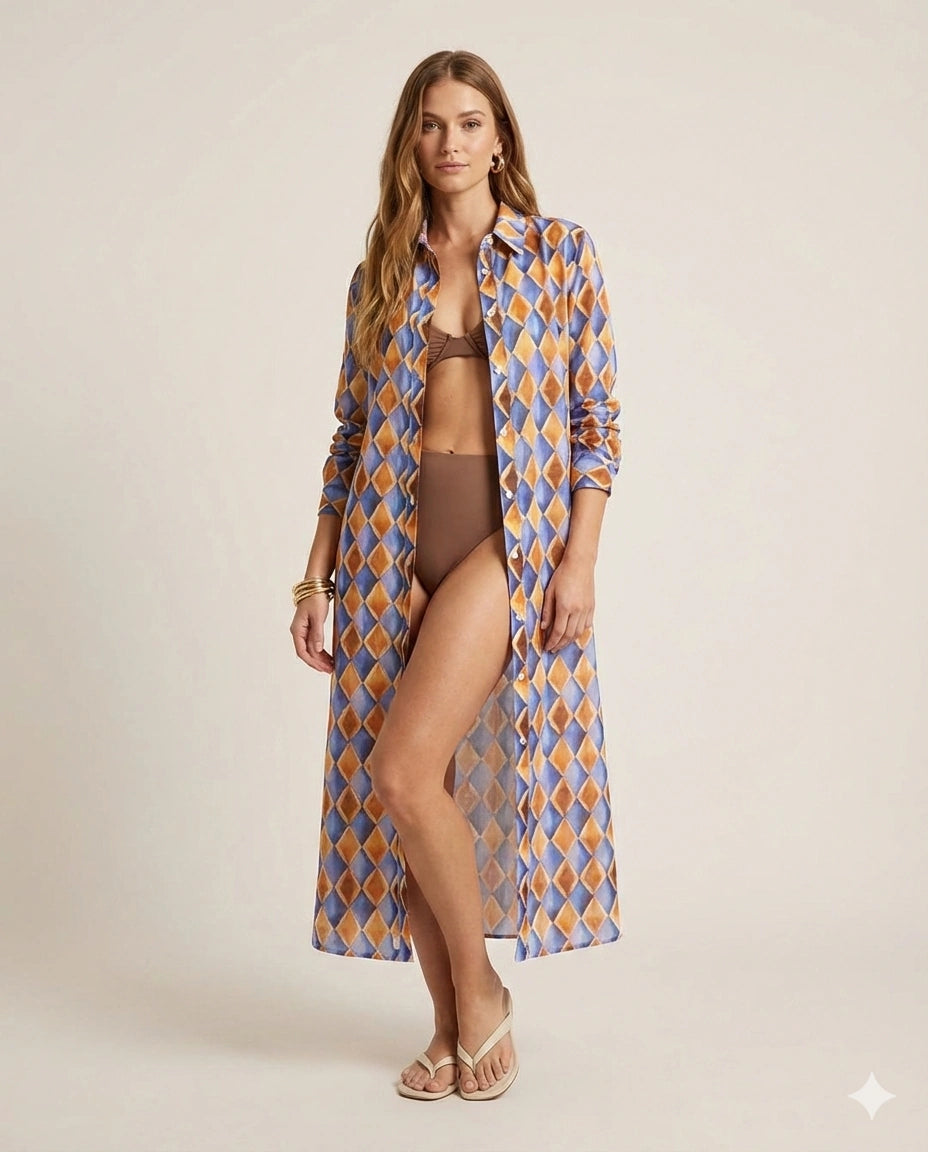 Dual Atelier Royal Mozaik Kahve Mavi Desenli İpeksi Organik Pamuk Kumaş Uzun Gömlek Elbise