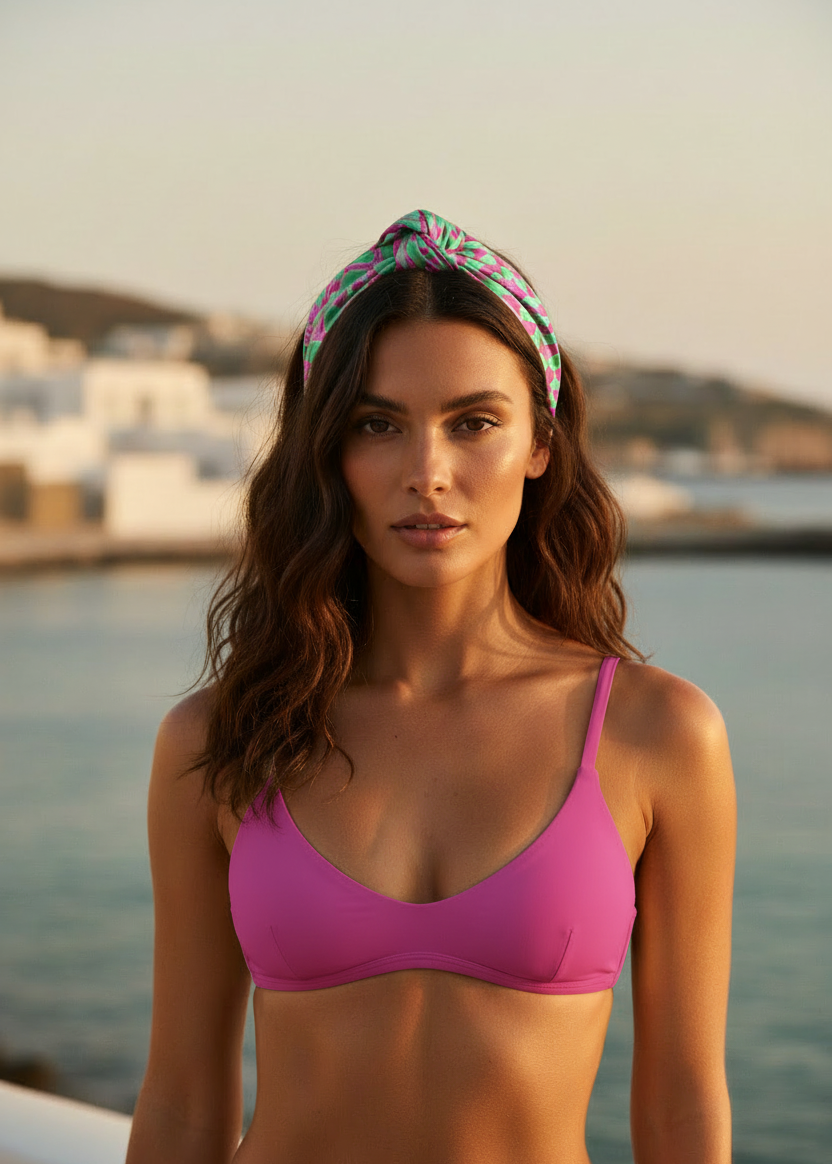 Dual Atelier Royal Mozaik Yeşil Fuşya Desenli İpeksi Organik Pamuk Kumaş Bandana Fular