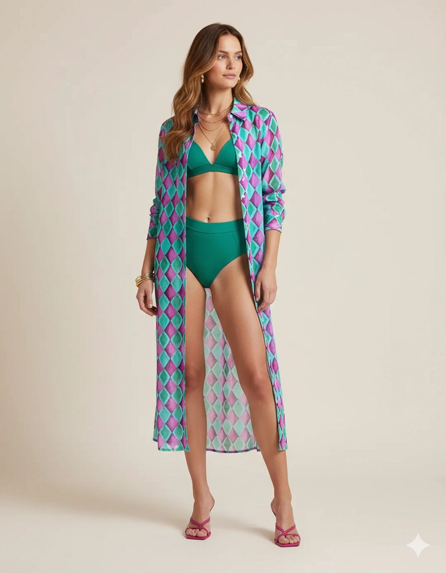 Dual Atelier Royal Mozaik Yeşil Fuşya Desenli İpeksi Organik Pamuk Kumaş Uzun Gömlek Elbise