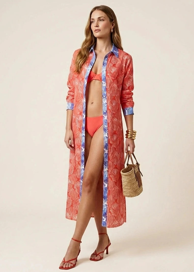 Dual Atelier Sea Fern Kırmızı Desenli İpeksi Organik Pamuk Kumaş Uzun Gömlek Elbise