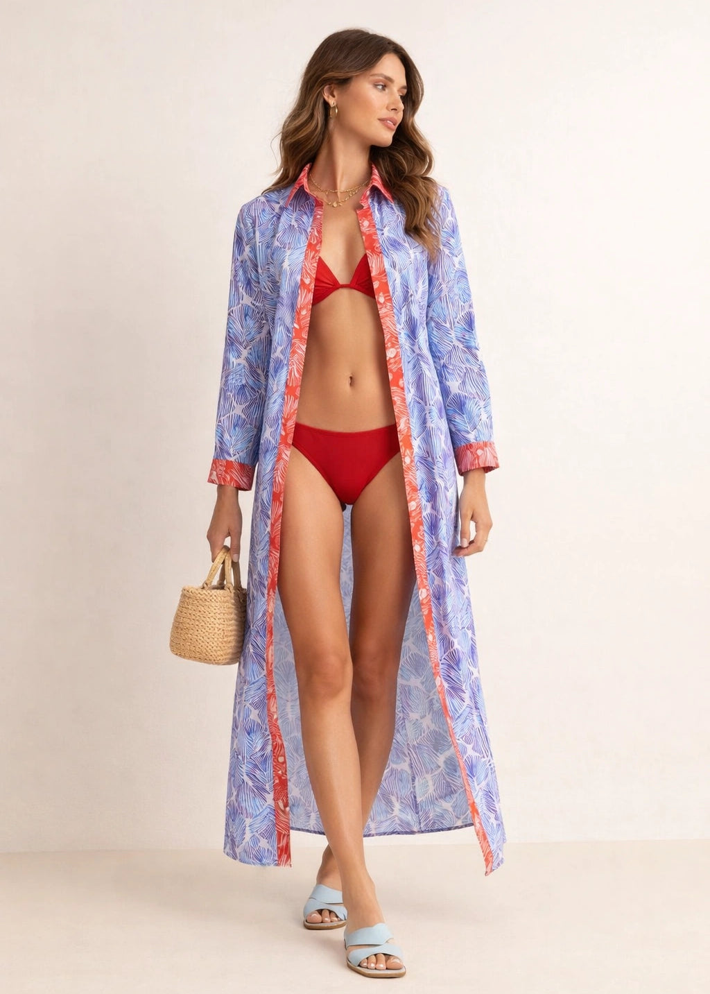 Dual Atelier Sea Fern Mavi Desenli İpeksi Organik Pamuk Kumaş Uzun Gömlek Elbise