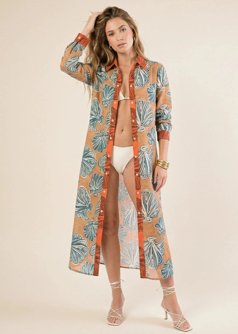 Dual Atelier Seashell Whisper Kahverengi Desenli İpeksi Organik Pamuk Kumaş Uzun Gömlek Elbise