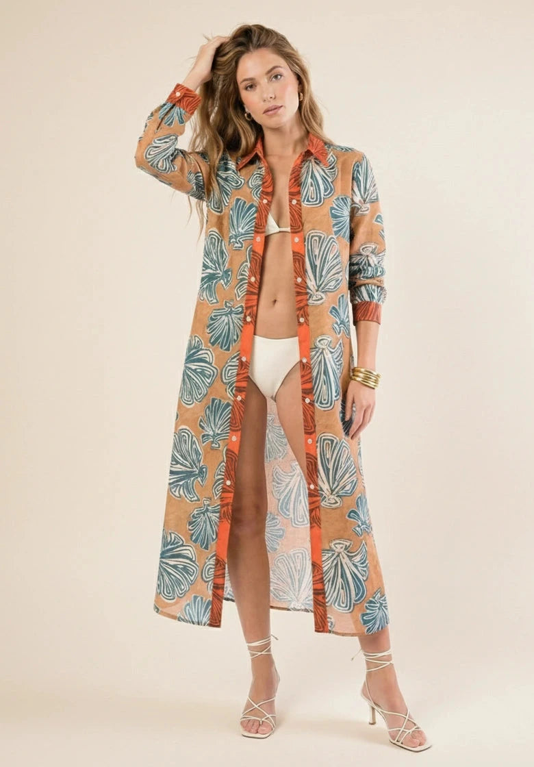 Dual Atelier Seashell Whisper Kahverengi Desenli İpeksi Organik Pamuk Kumaş Uzun Gömlek Elbise