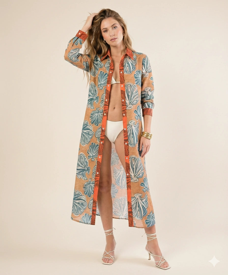 Dual Atelier Seashell Whisper Kahverengi Desenli İpeksi Organik Pamuk Kumaş Uzun Gömlek Elbise