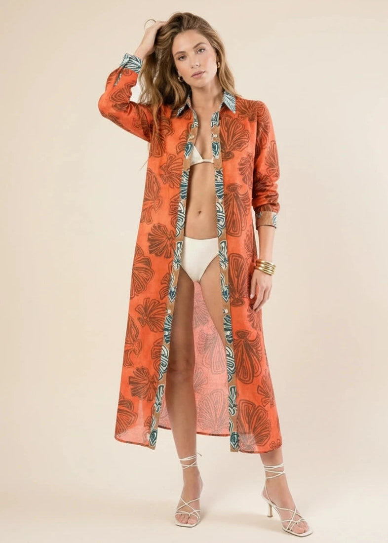 Dual Atelier Seashell Whisper Mercan Kırmızı Desenli İpeksi Organik Pamuk Kumaş Uzun Gömlek Elbise