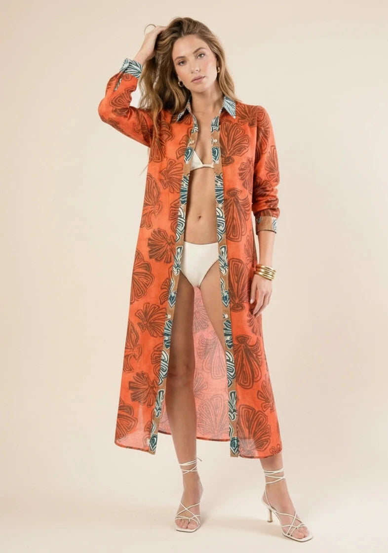 Dual Atelier Seashell Whisper Mercan Kırmızı Desenli İpeksi Organik Pamuk Kumaş Uzun Gömlek Elbise