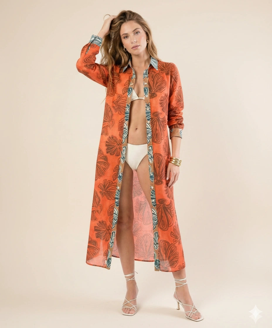 Dual Atelier Seashell Whisper Mercan Kırmızı Desenli İpeksi Organik Pamuk Kumaş Uzun Gömlek Elbise