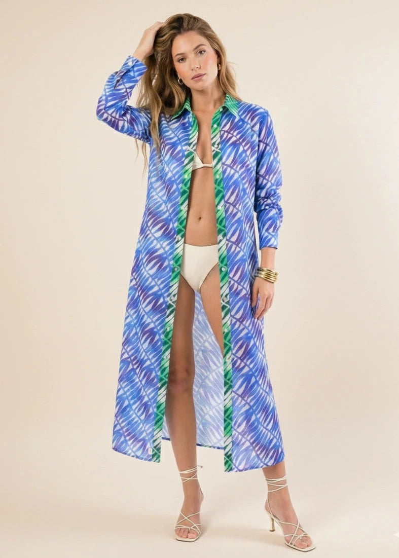 Dual Atelier Seaside Botanic Mavi Desenli İpeksi Organik Pamuk Kumaş Uzun Gömlek Elbise