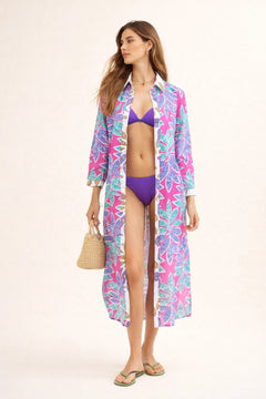 Dual Atelier Shore Leaf Fuşya Desenli İpeksi Organik Pamuk Kumaş Uzun Gömlek Elbise