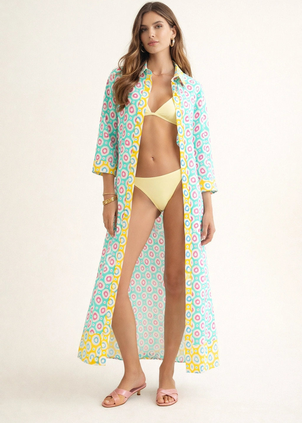 Dual Atelier Soleil Tiles Yeşil Desenli İpeksi Organik Pamuk Kumaş Uzun Gömlek Elbise