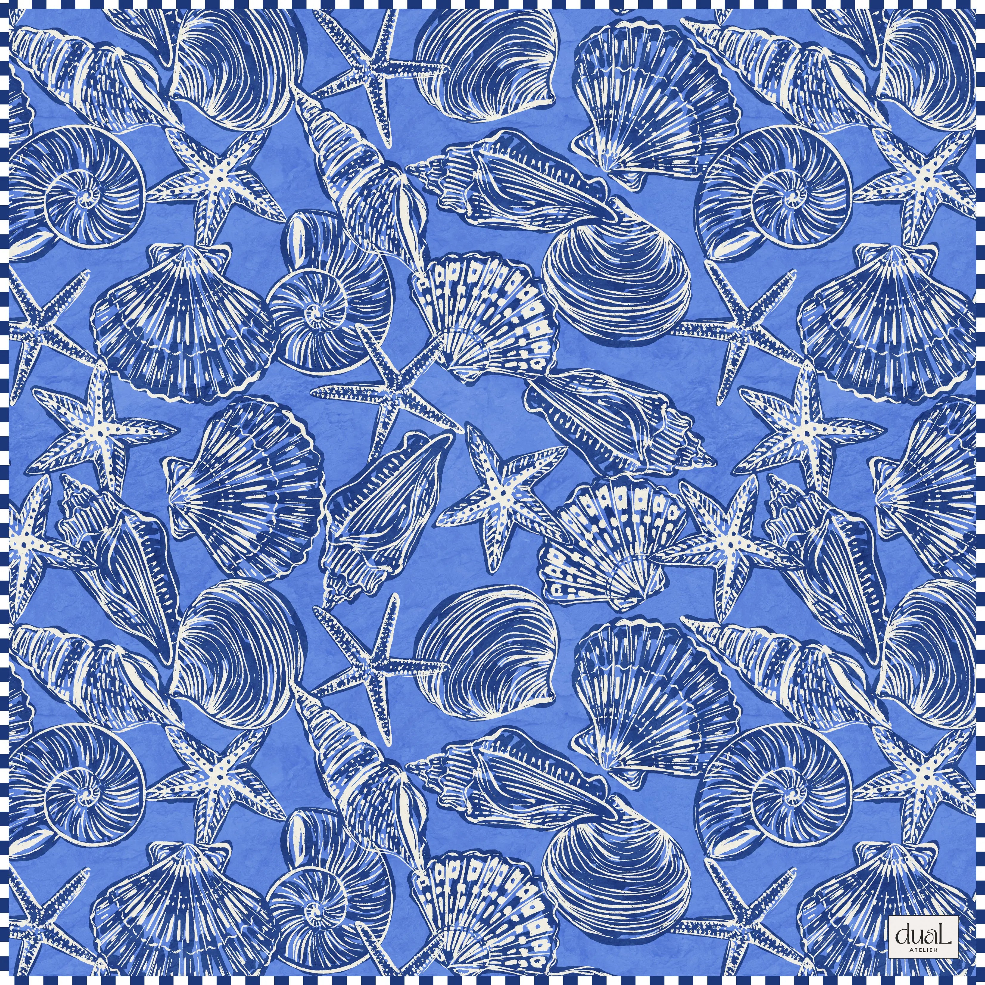 Dual Atelier Stellar Shells Mavi Beyaz  Desenli İpeksi Organik Pamuk Kumaş Bandana Fular