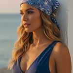 Dual Atelier Stellar Shells Mavi Beyaz  Desenli İpeksi Organik Pamuk Kumaş Bandana Fular