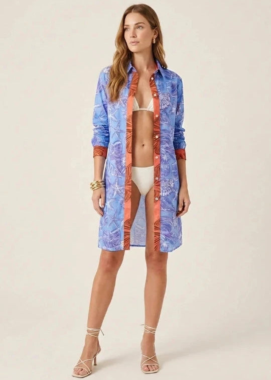 Dual Atelier Stellar Shells Mavi Desenli İpeksi Organik Pamuk Kumaş Kısa Gömlek Elbise