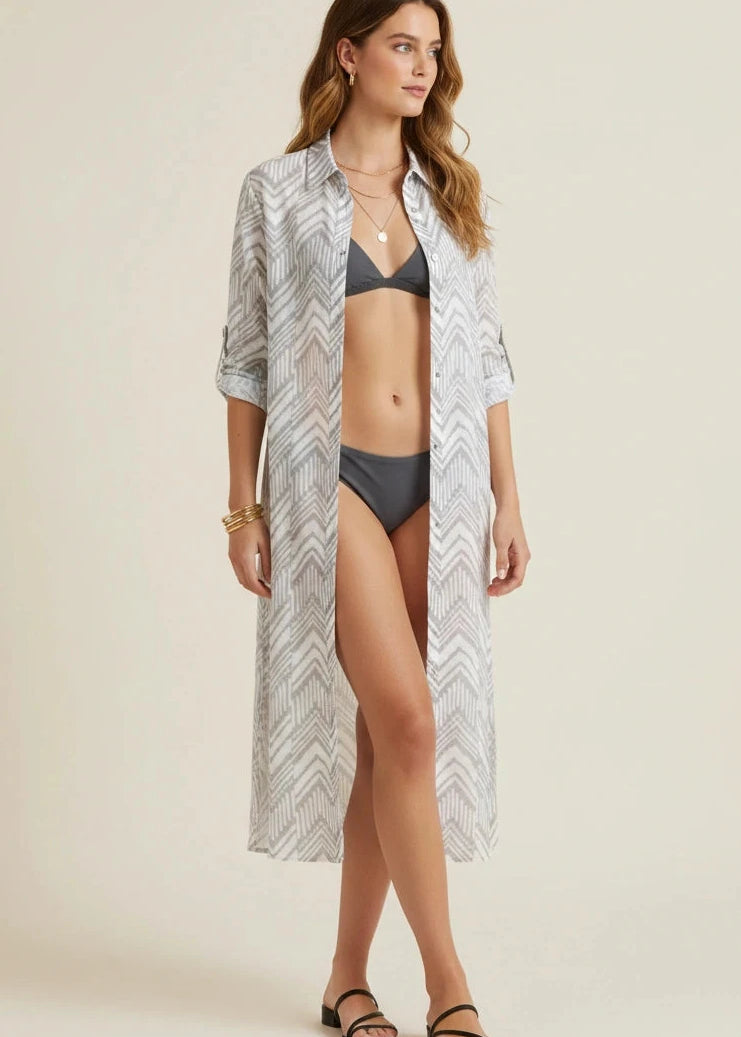 Dual Atelier Sun Beam Gri Desenli İpeksi Organik Pamuk Kumaş Uzun Gömlek Elbise