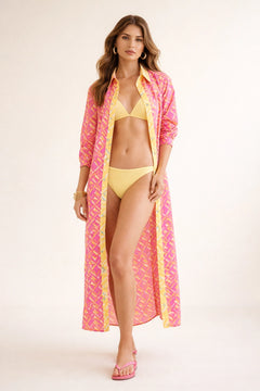 Dual Atelier Sun Rise Pembe Desenli İpeksi Organik Pamuk Kumaş Uzun Gömlek Elbise