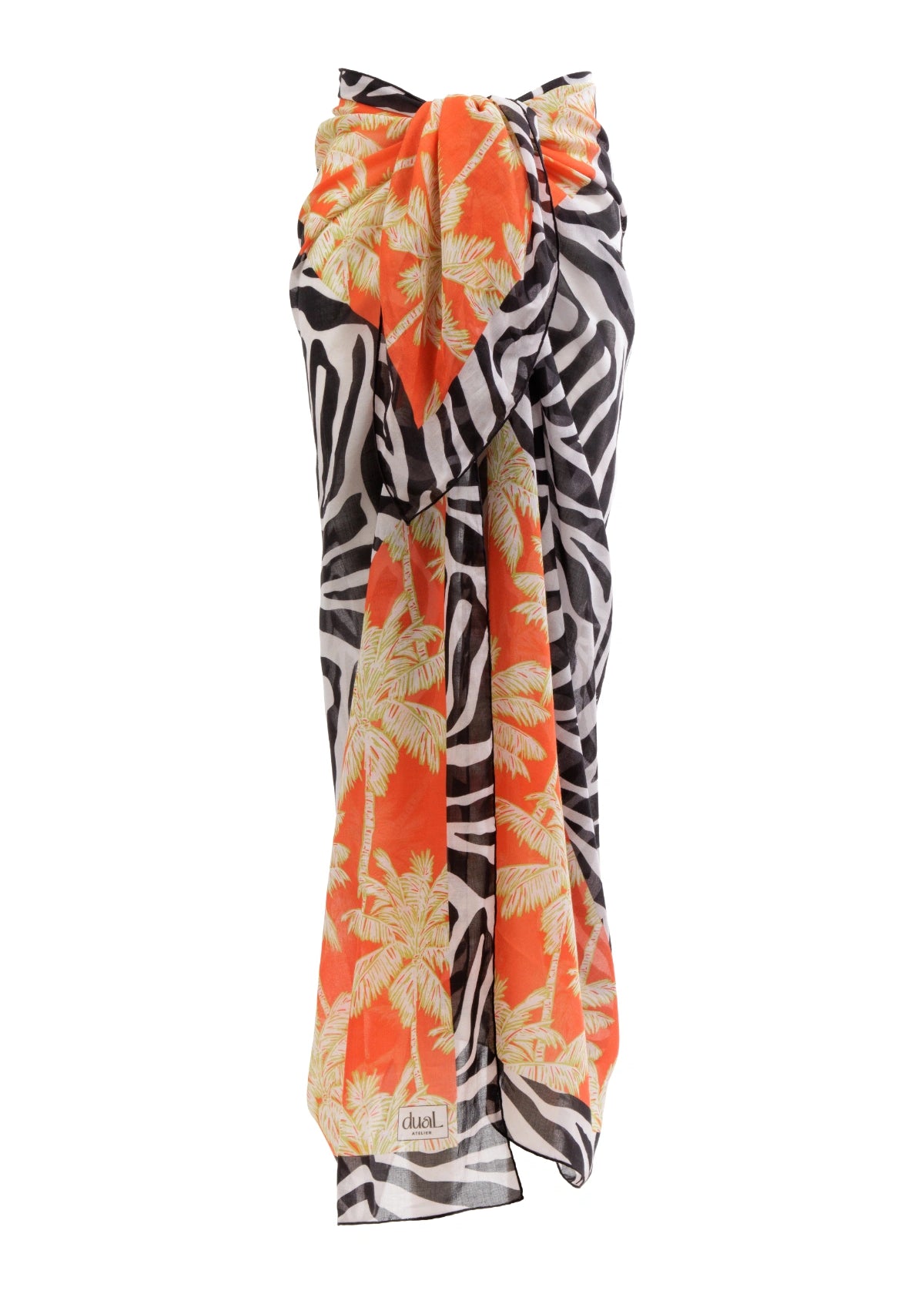 Dual Atelier Wild Palm Siyah Turuncu  Desenli İpeksi Organik Pamuk Kumaş Kare Pareo Şal