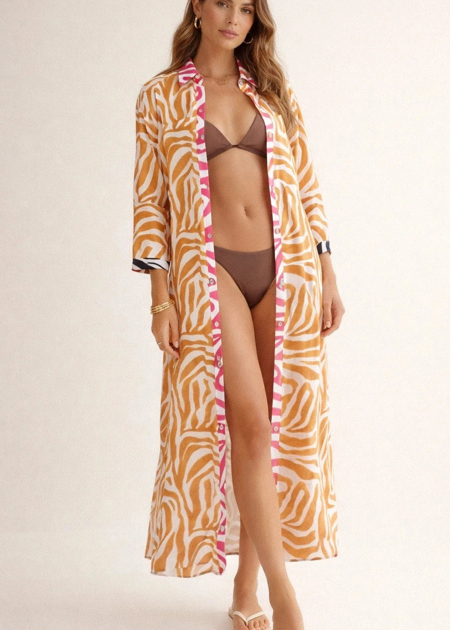 Dual Atelier Wild Stripe Kahve Desenli İpeksi Organik Pamuk Kumaş Uzun Gömlek Elbise