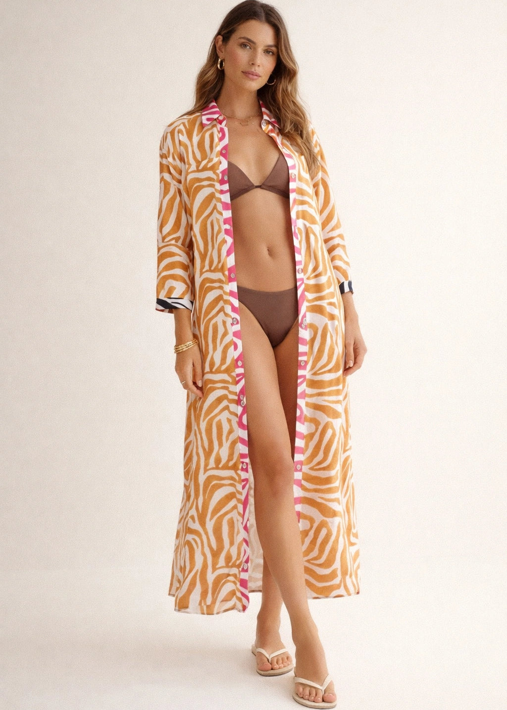 Dual Atelier Wild Stripe Kahve Desenli İpeksi Organik Pamuk Kumaş Uzun Gömlek Elbise